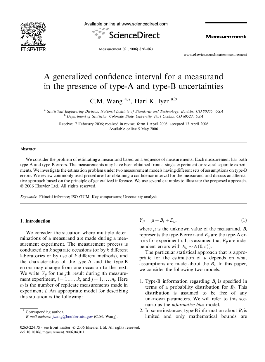عکس صفحه اول مقاله: A generalized confidence interval for a measurand in the presence of type-A and type-B uncertainties A generalized confidence interval for a measurand in the presence of type-A and type-B uncertainties