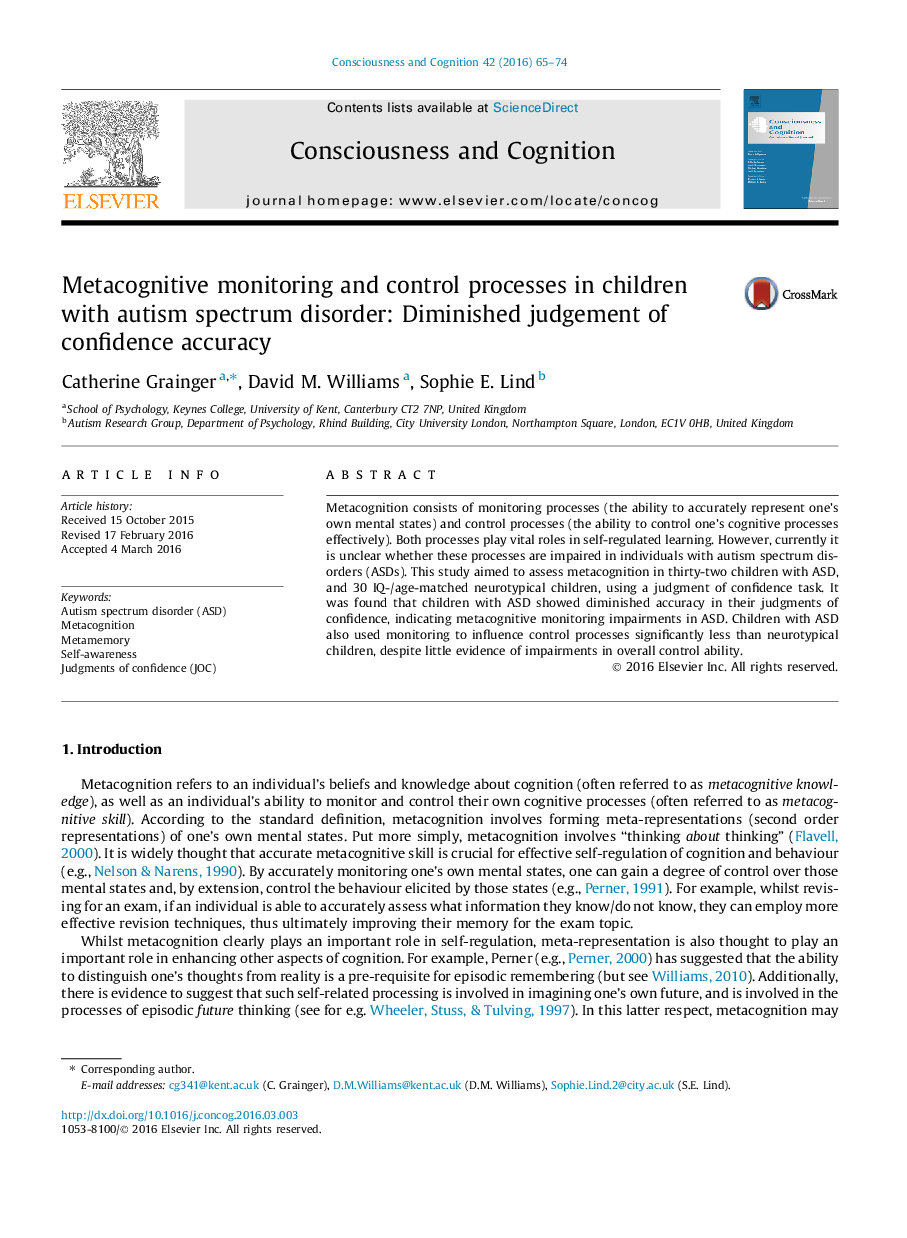 Metacognitive monitoring and control processes in children with autism spectrum disorder: Diminished judgement of confidence accuracy