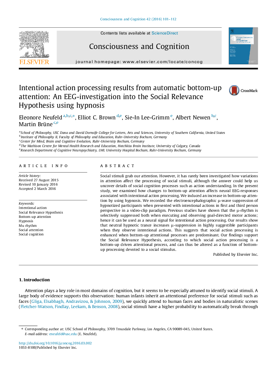 Intentional action processing results from automatic bottom-up attention: An EEG-investigation into the Social Relevance Hypothesis using hypnosis