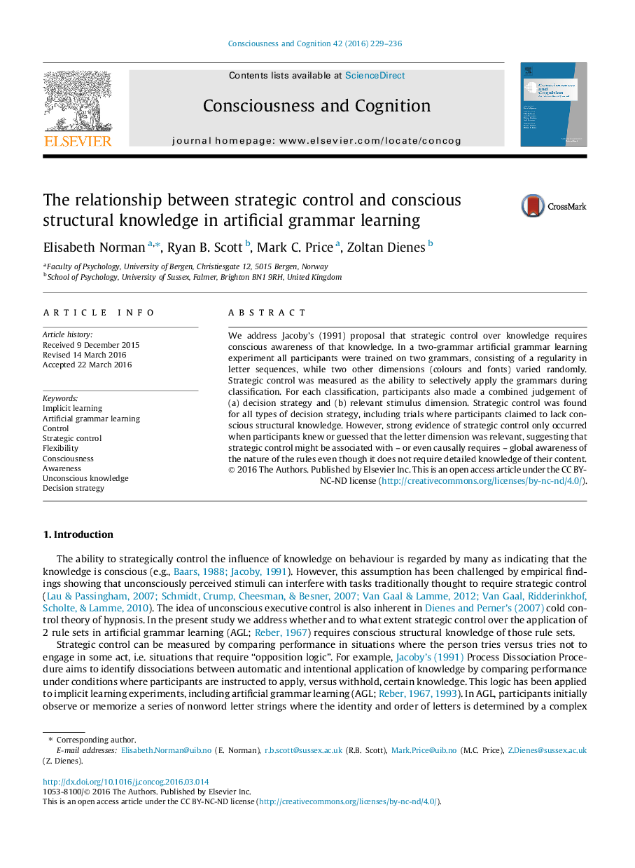 The relationship between strategic control and conscious structural knowledge in artificial grammar learning