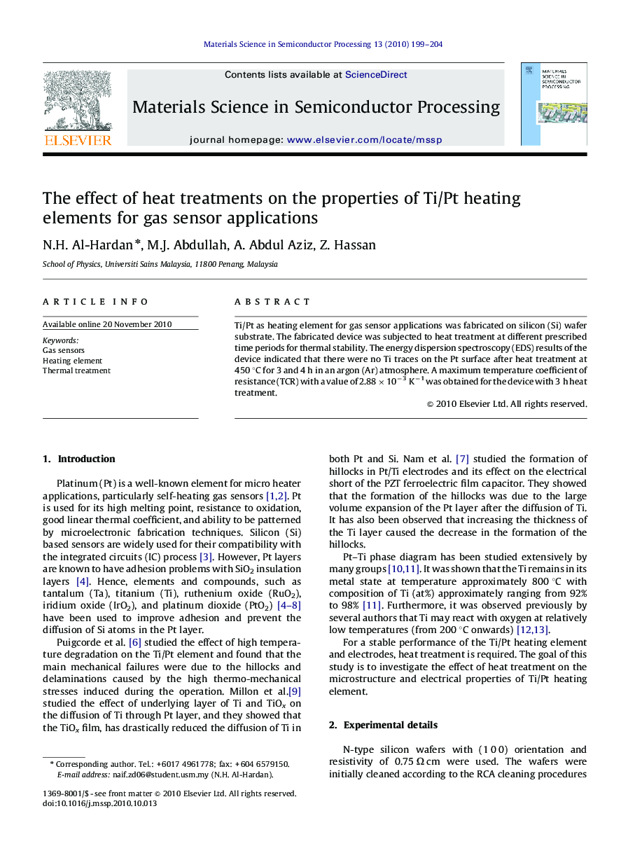 The effect of heat treatments on the properties of Ti/Pt heating elements for gas sensor applications