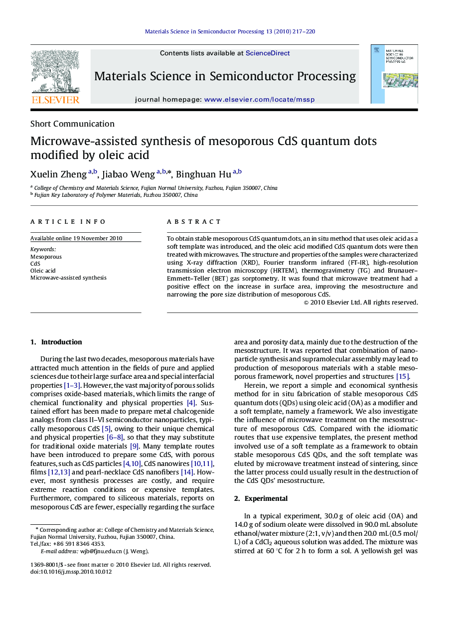 Microwave-assisted synthesis of mesoporous CdS quantum dots modified by oleic acid