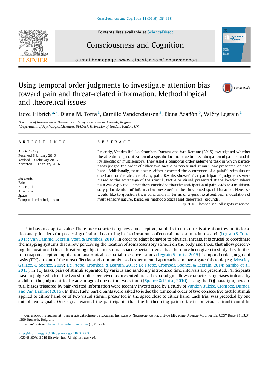 Using temporal order judgments to investigate attention bias toward pain and threat-related information. Methodological and theoretical issues