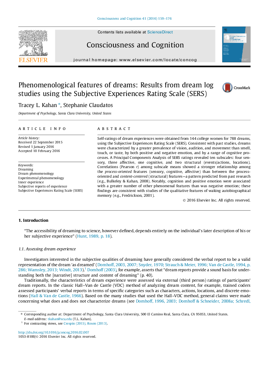 Phenomenological features of dreams: Results from dream log studies using the Subjective Experiences Rating Scale (SERS)