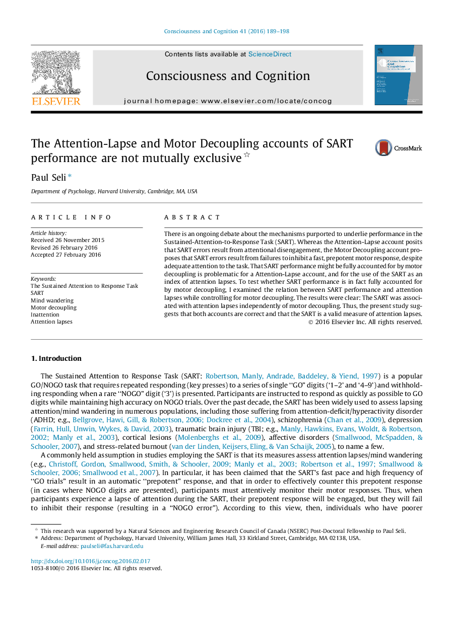 The Attention-Lapse and Motor Decoupling accounts of SART performance are not mutually exclusive