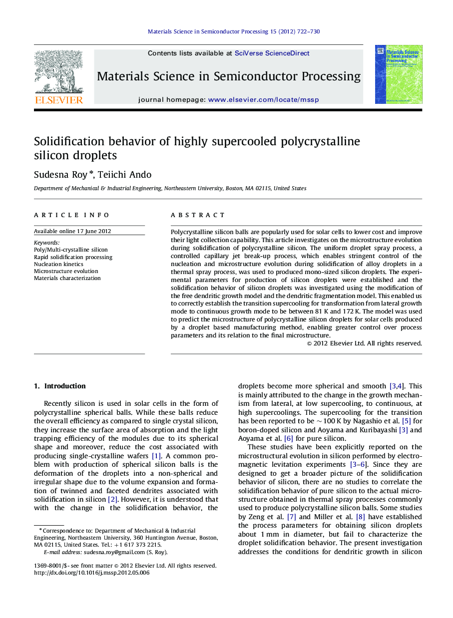 Solidification behavior of highly supercooled polycrystalline silicon droplets