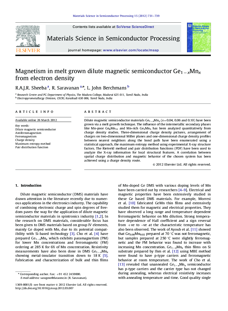 Magnetism in melt grown dilute magnetic semiconductor Ge1−xMnx from electron density