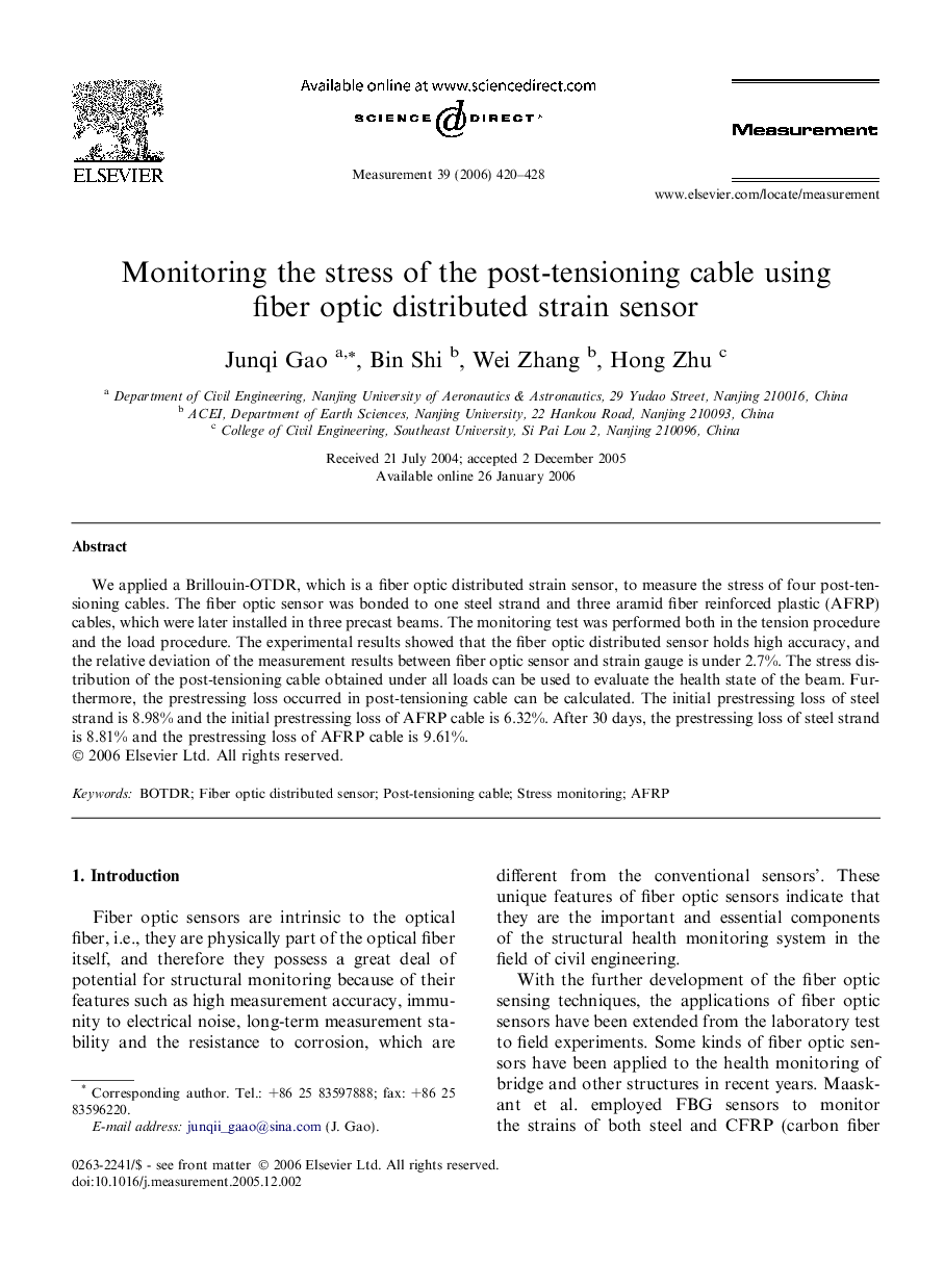 Monitoring the stress of the post-tensioning cable using fiber optic distributed strain sensor