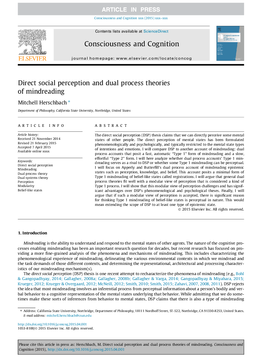 Direct social perception and dual process theories of mindreading