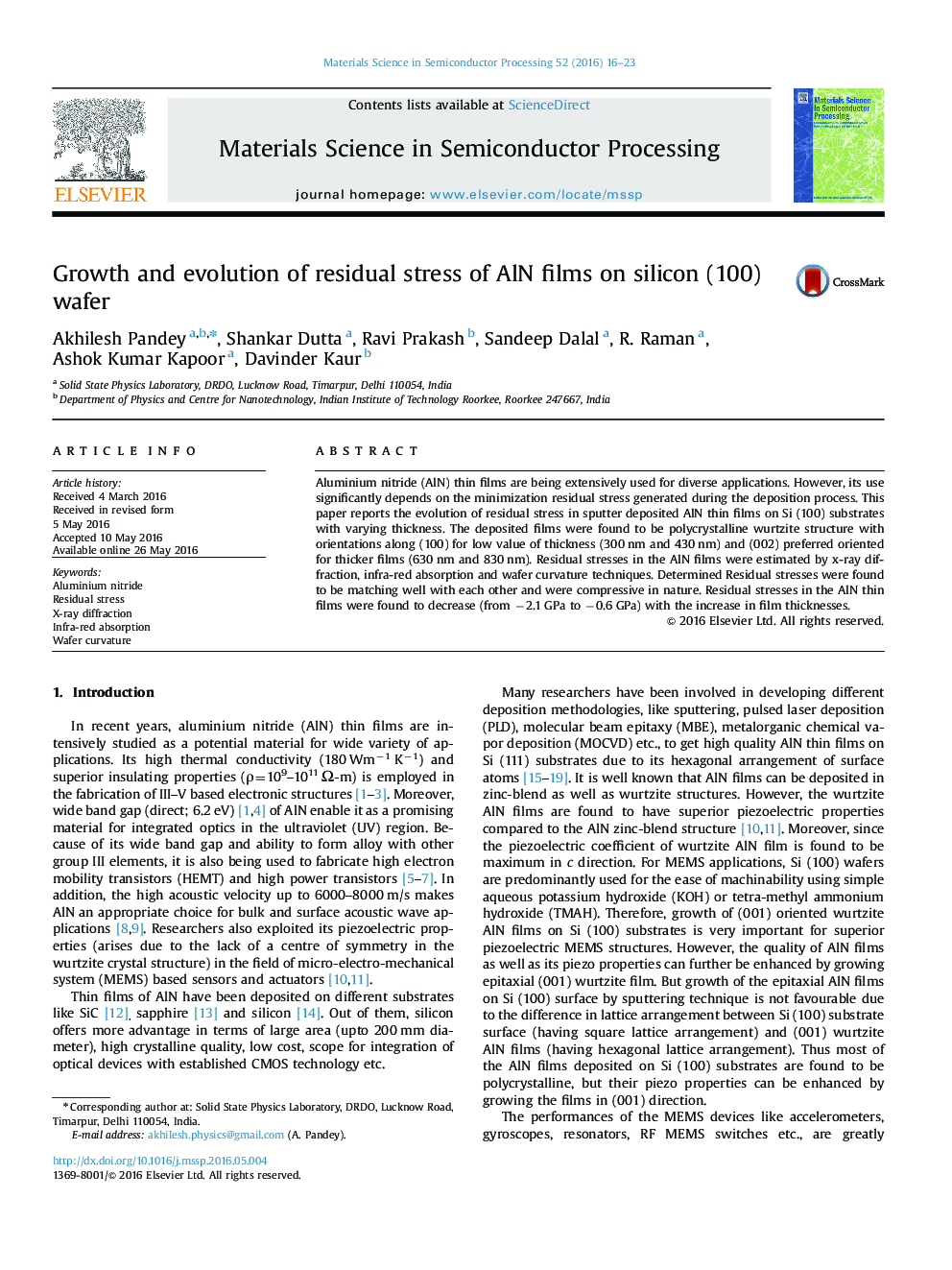 Growth and evolution of residual stress of AlN films on silicon (100) wafer