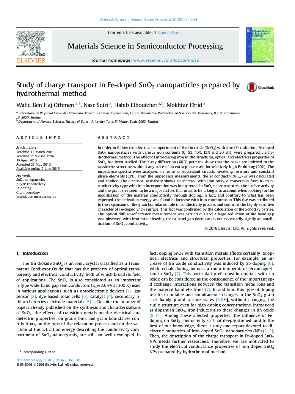 Study of charge transport in Fe-doped SnO2 nanoparticles prepared by hydrothermal method