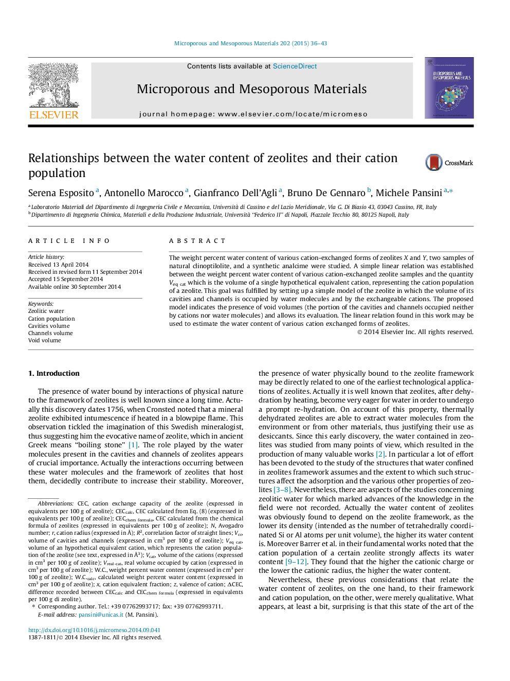 Relationships between the water content of zeolites and their cation population