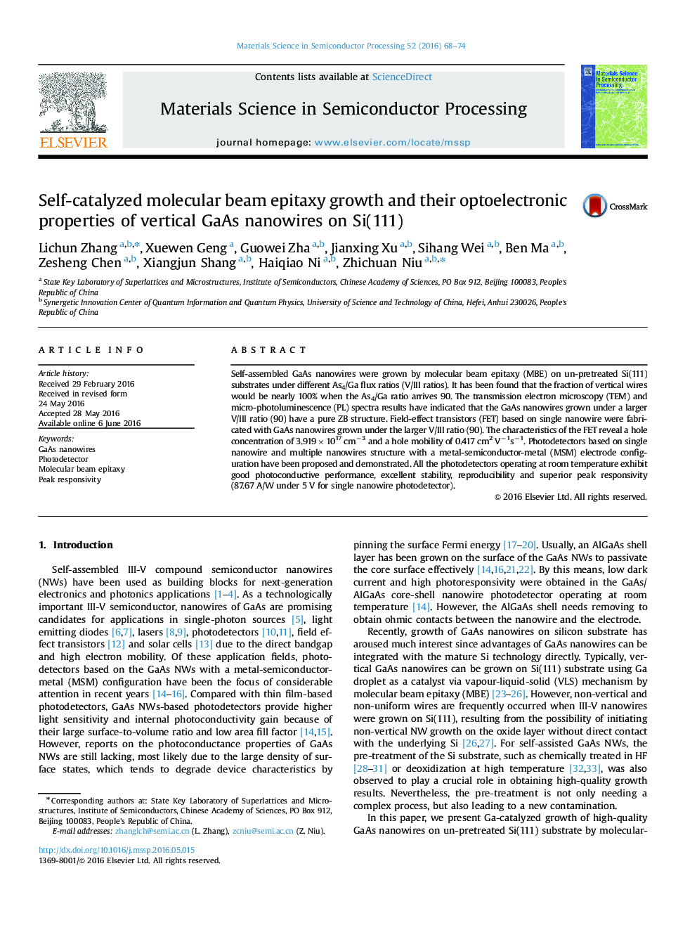 Self-catalyzed molecular beam epitaxy growth and their optoelectronic properties of vertical GaAs nanowires on Si(111)