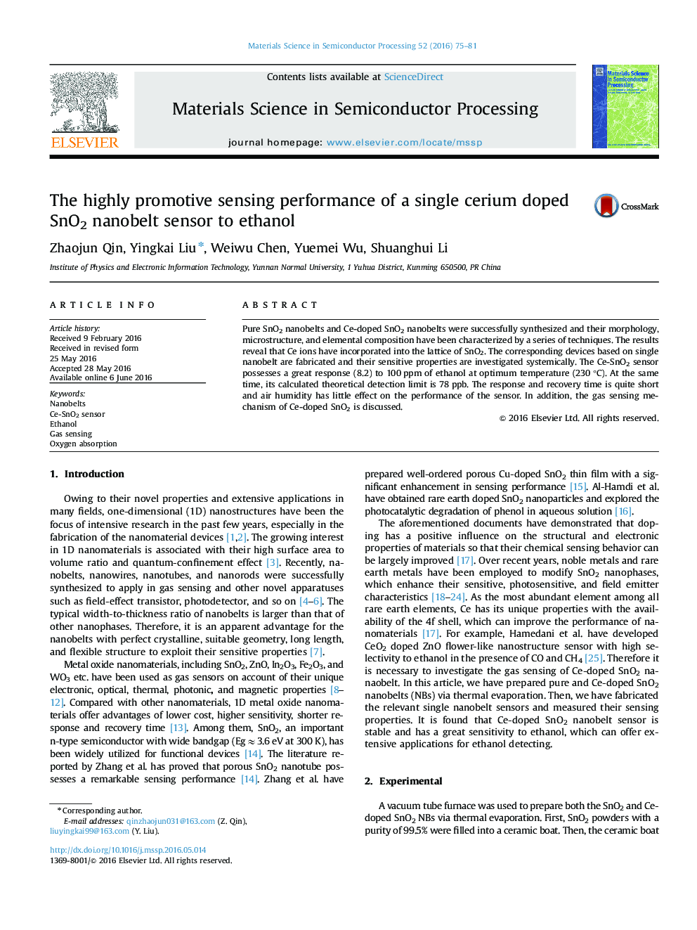 The highly promotive sensing performance of a single cerium doped SnO2 nanobelt sensor to ethanol