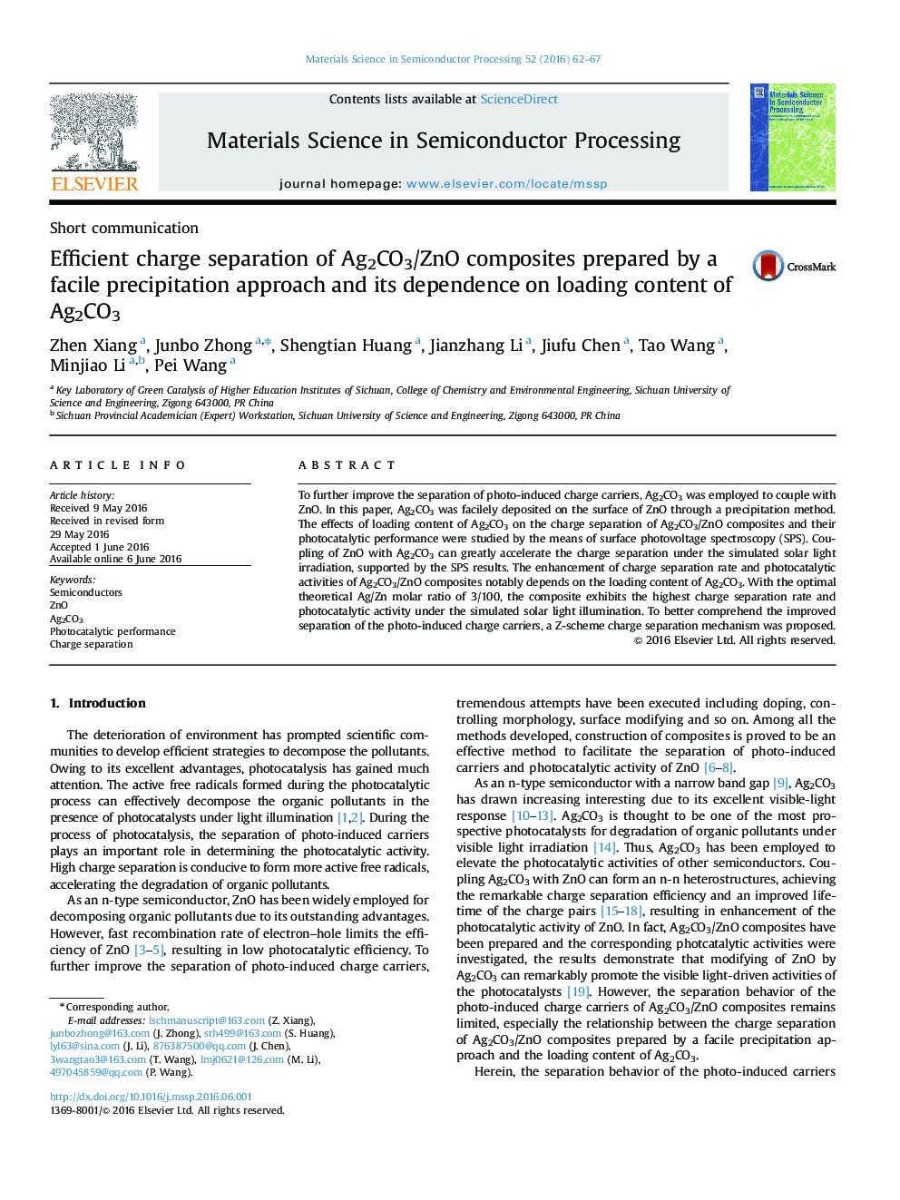 عکس صفحه اول مقاله: Efficient charge separation of Ag2CO3/ZnO composites prepared by a facile precipitation approach and its dependence on loading content of Ag2CO3 Efficient charge separation of Ag2CO3/ZnO composites prepared by a facile precipitation approach and its dependence on loading content of Ag2CO3