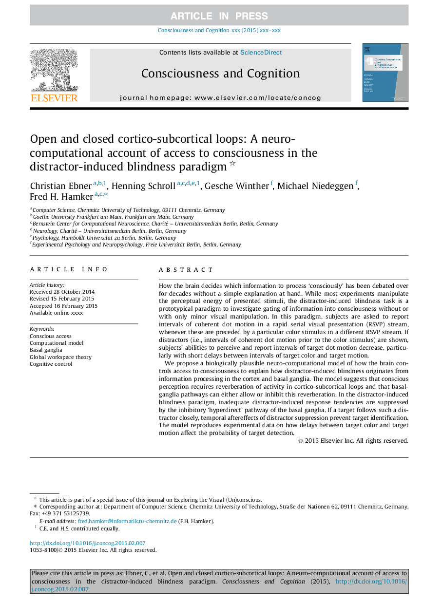 Open and closed cortico-subcortical loops: A neuro-computational account of access to consciousness in the distractor-induced blindness paradigm