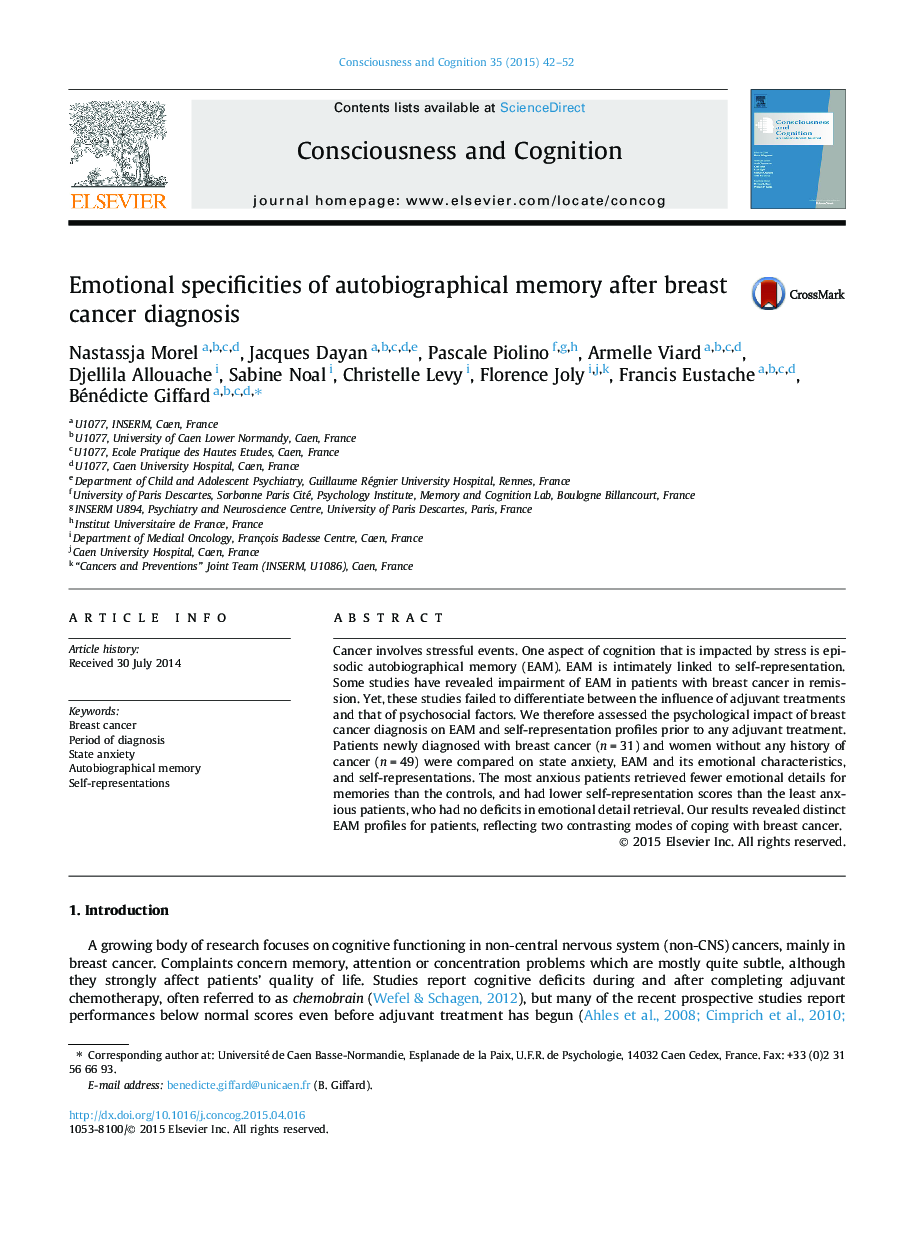 Emotional specificities of autobiographical memory after breast cancer diagnosis