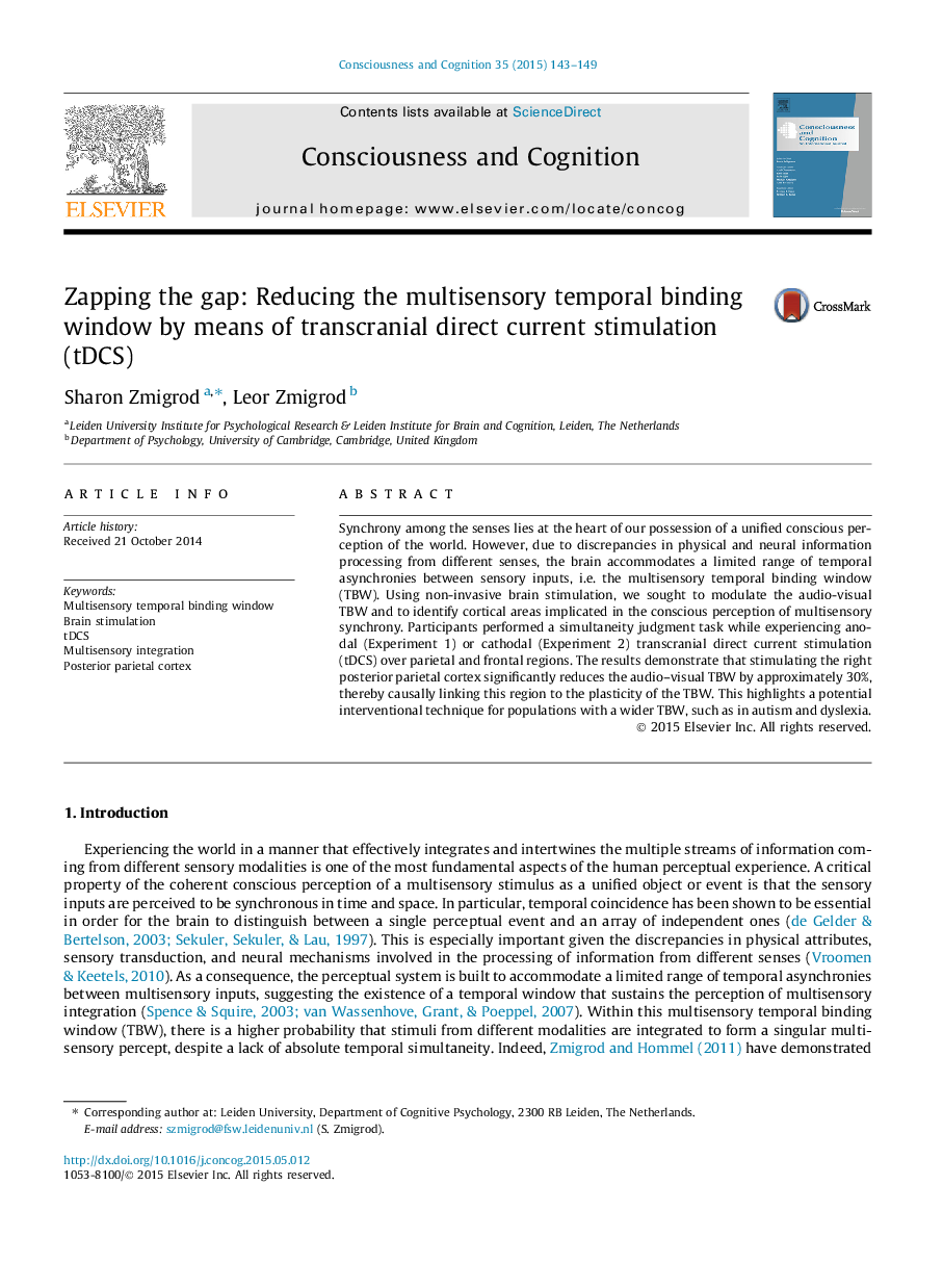 Zapping the gap: Reducing the multisensory temporal binding window by means of transcranial direct current stimulation (tDCS)