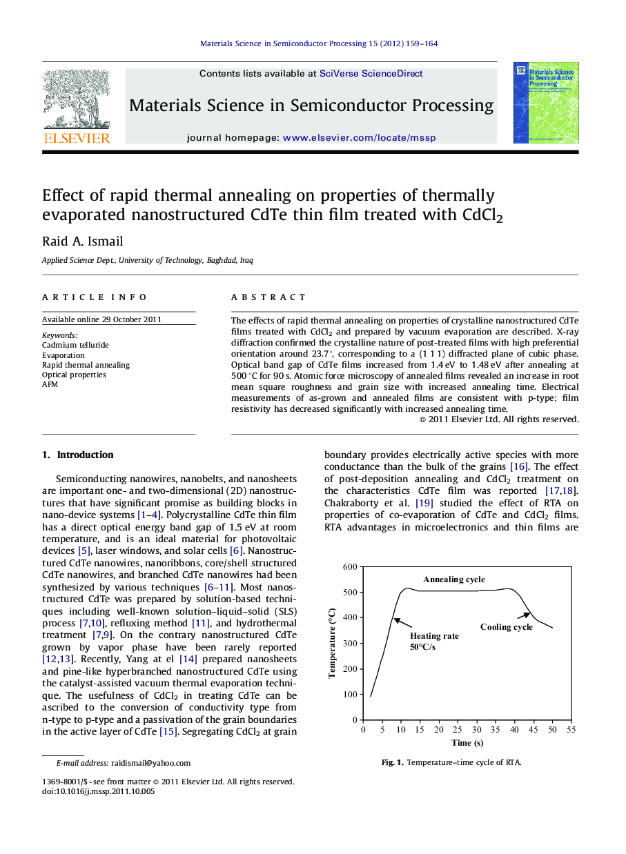 Effect of rapid thermal annealing on properties of thermally evaporated nanostructured CdTe thin film treated with CdCl2