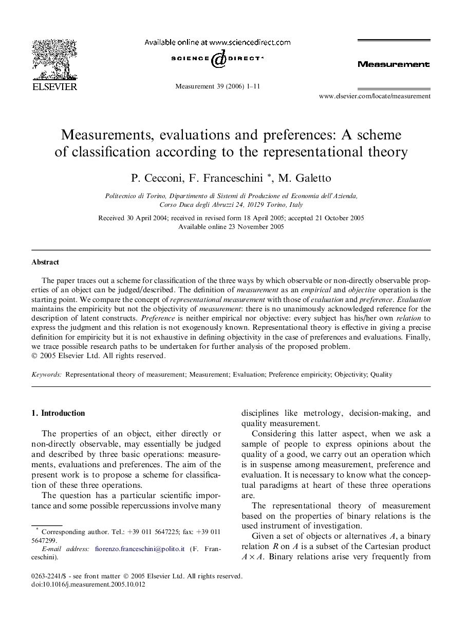 Measurements, evaluations and preferences: A scheme of classification according to the representational theory