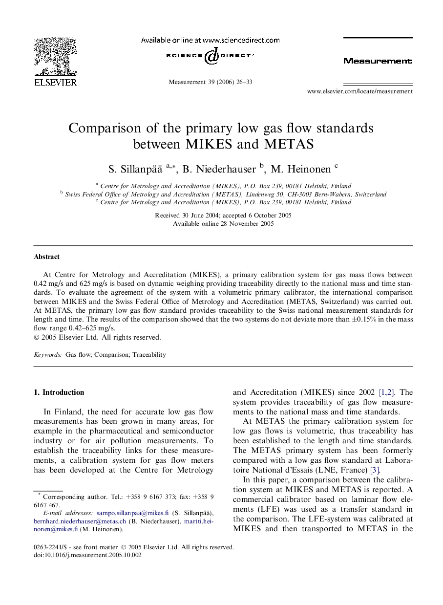 Comparison of the primary low gas flow standards between MIKES and METAS