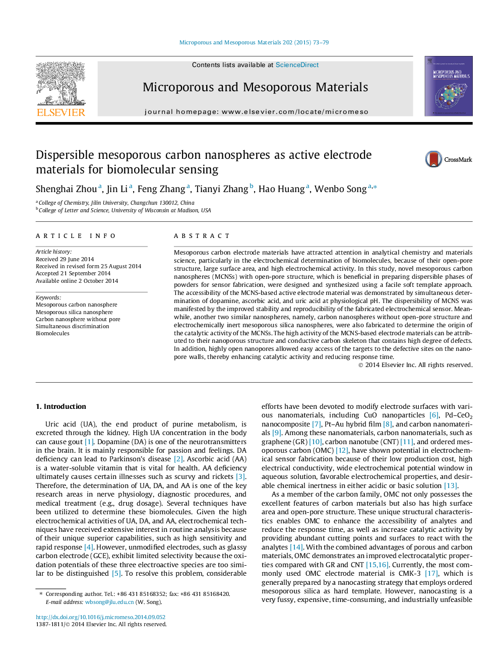 Dispersible mesoporous carbon nanospheres as active electrode materials for biomolecular sensing