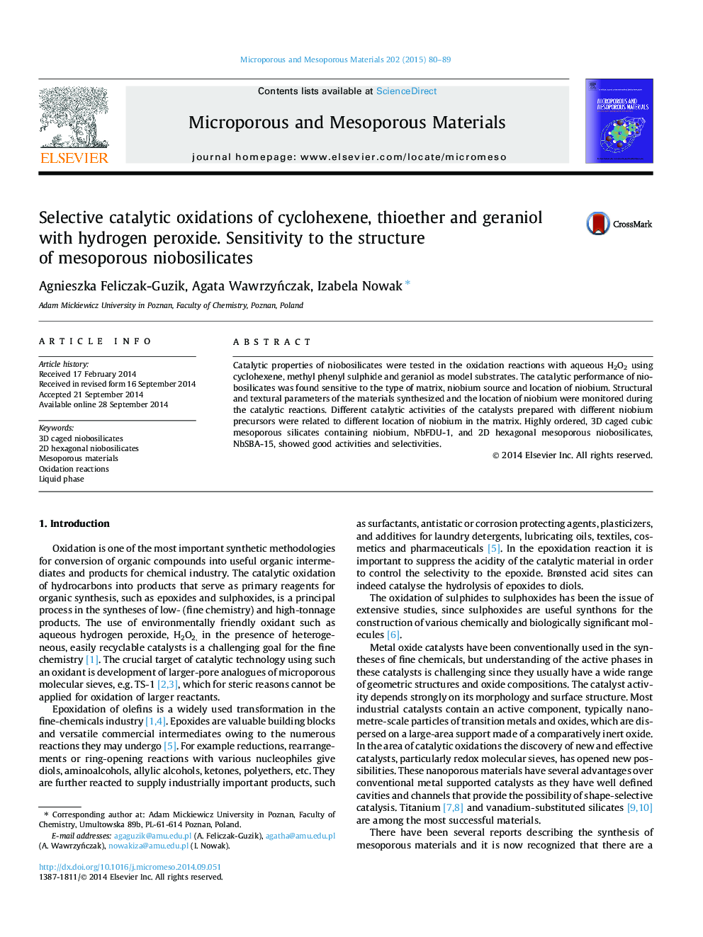 Selective catalytic oxidations of cyclohexene, thioether and geraniol with hydrogen peroxide. Sensitivity to the structure of mesoporous niobosilicates