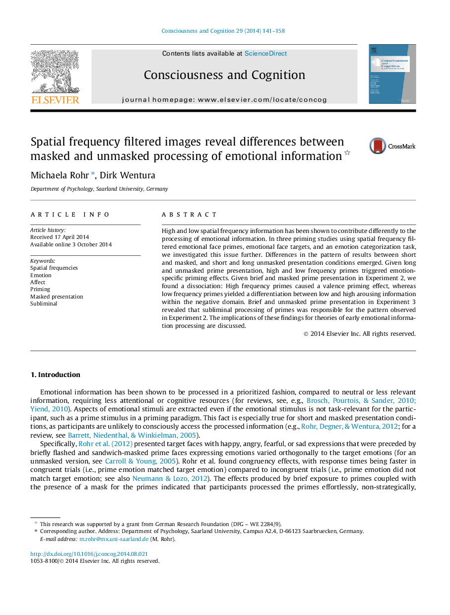 Spatial frequency filtered images reveal differences between masked and unmasked processing of emotional information