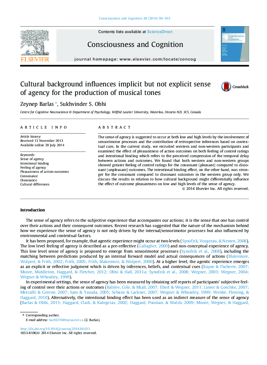 Cultural background influences implicit but not explicit sense of agency for the production of musical tones