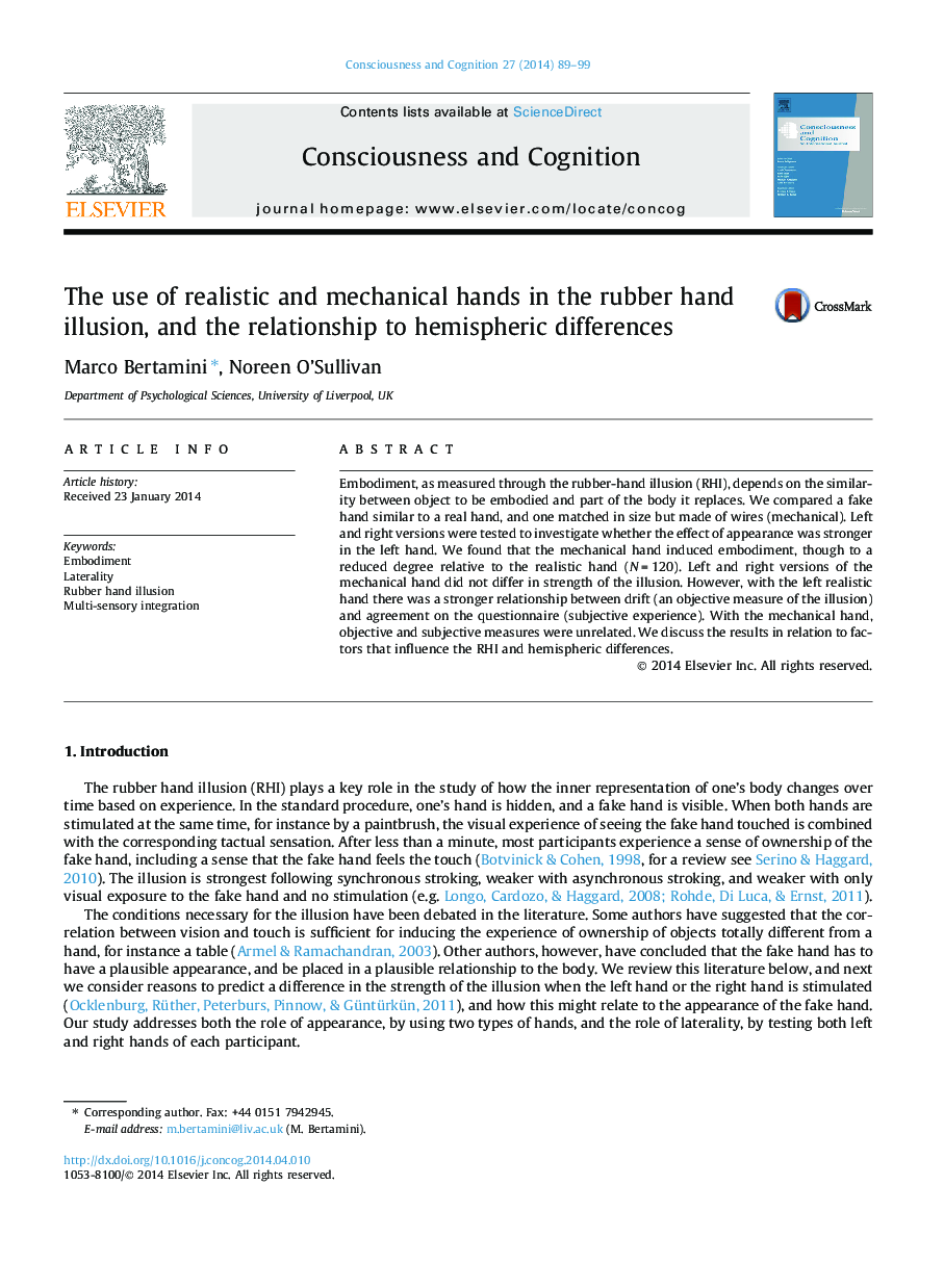 The use of realistic and mechanical hands in the rubber hand illusion, and the relationship to hemispheric differences