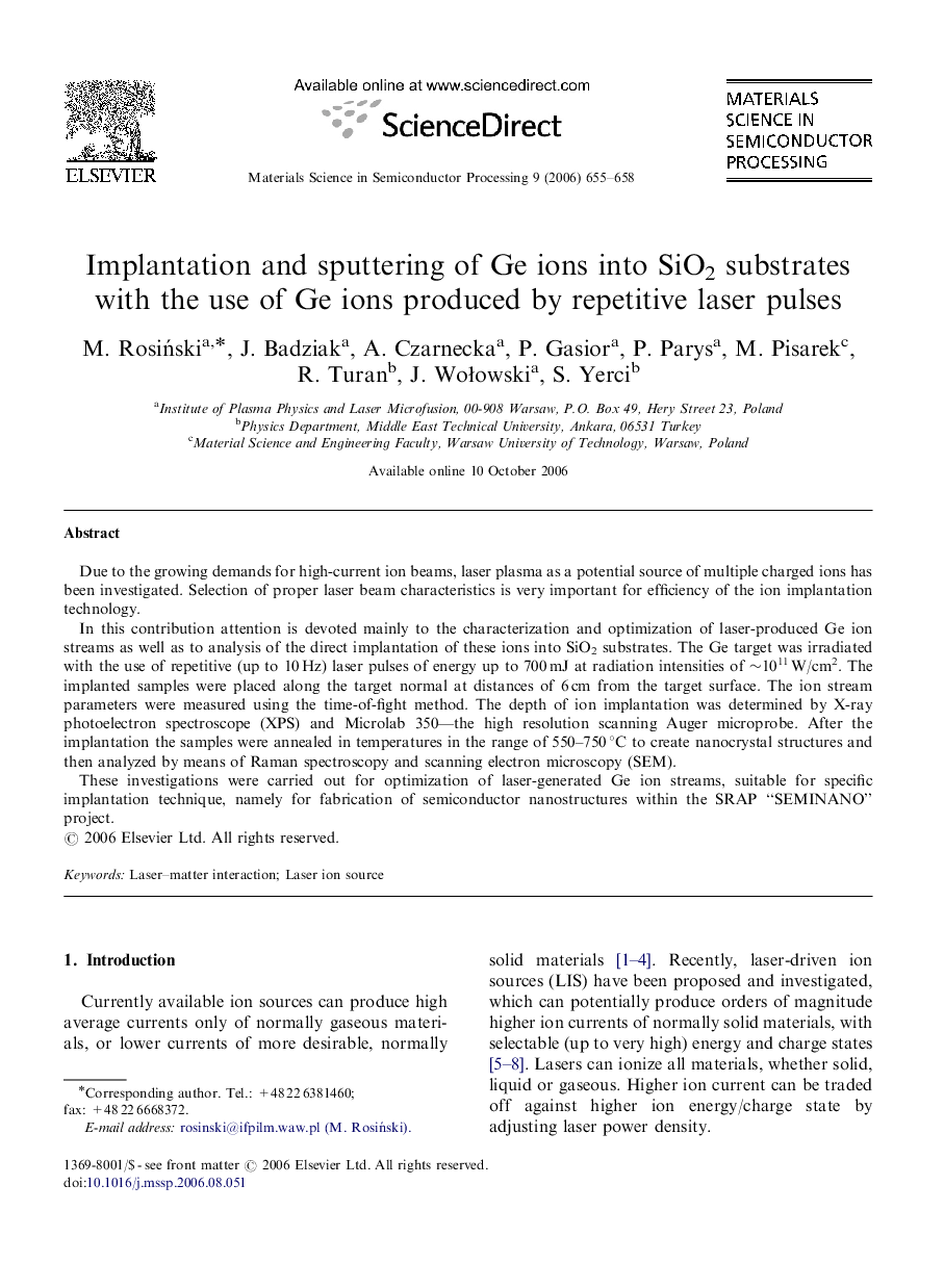 Implantation and sputtering of Ge ions into SiO2 substrates with the use of Ge ions produced by repetitive laser pulses