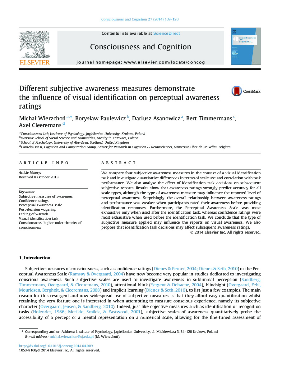 Different subjective awareness measures demonstrate the influence of visual identification on perceptual awareness ratings