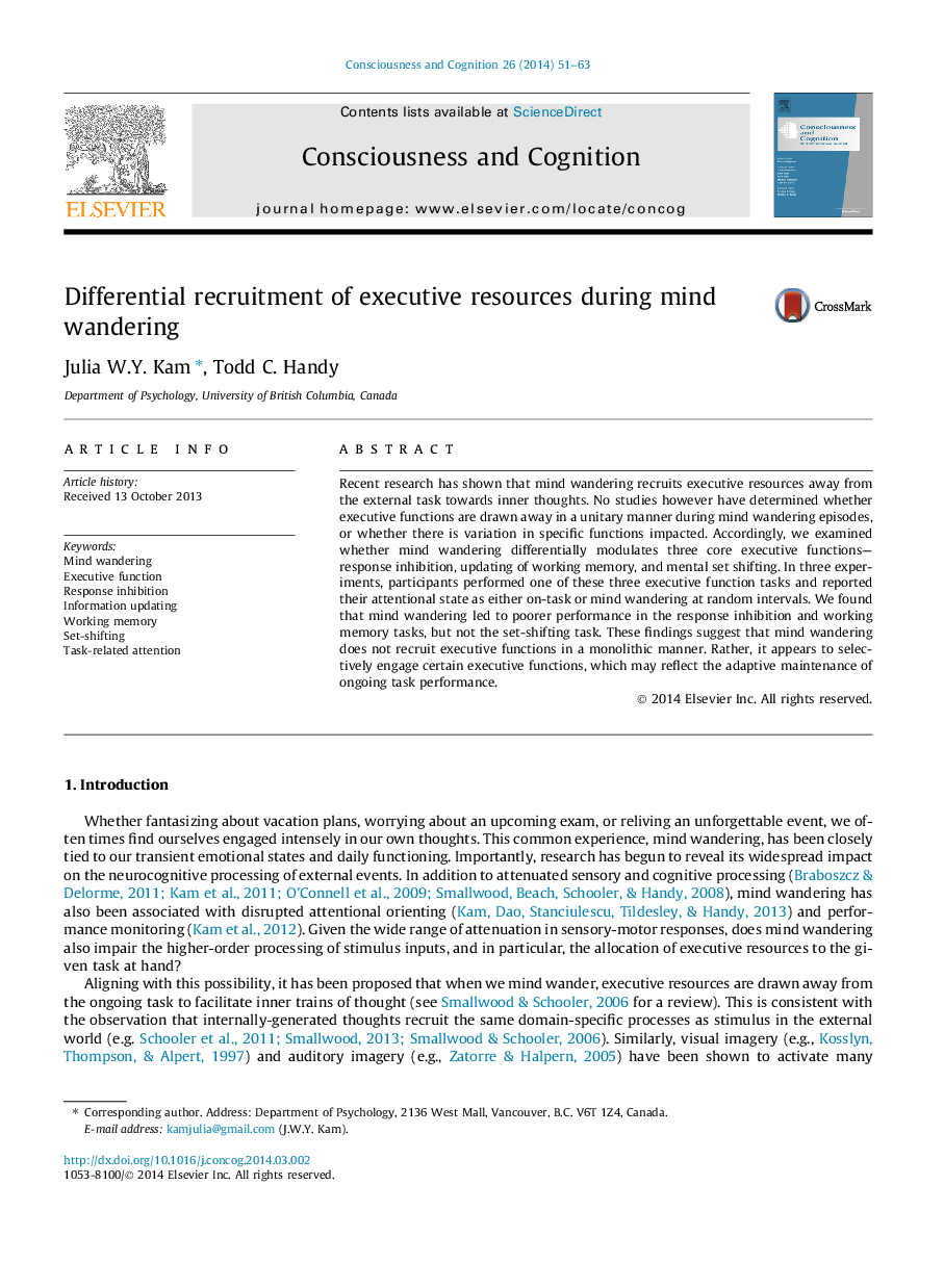 Differential recruitment of executive resources during mind wandering