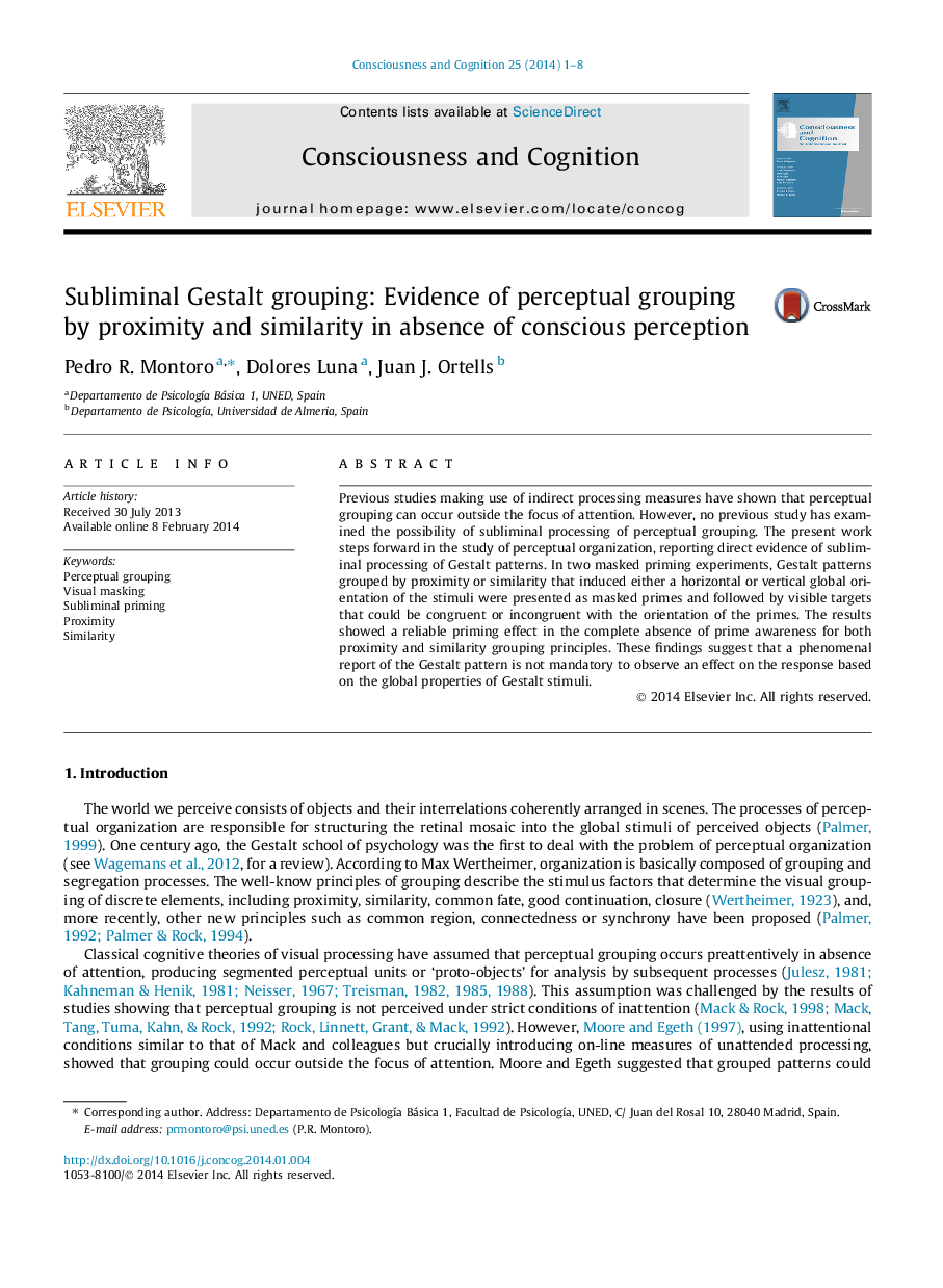 Subliminal Gestalt grouping: Evidence of perceptual grouping by proximity and similarity in absence of conscious perception