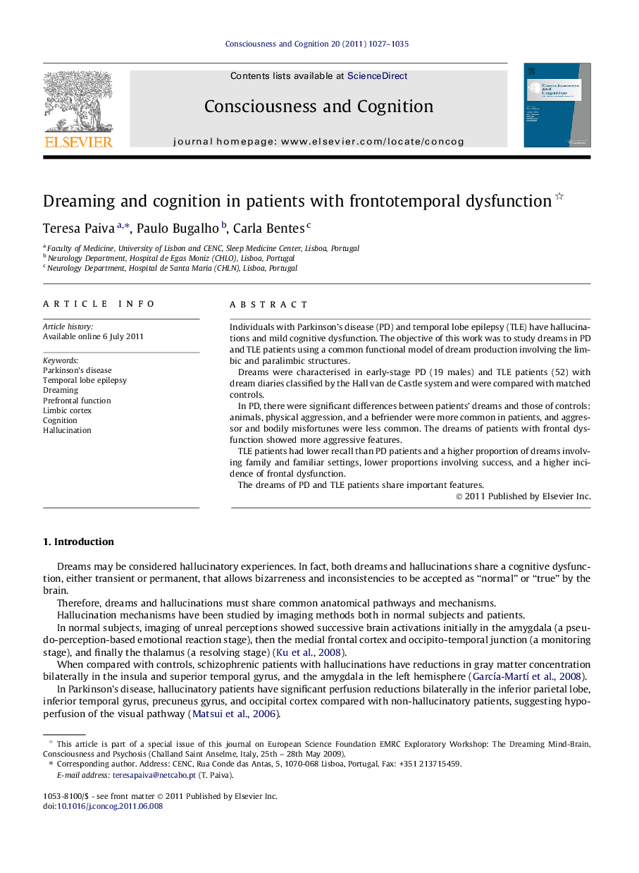 Dreaming and cognition in patients with frontotemporal dysfunction