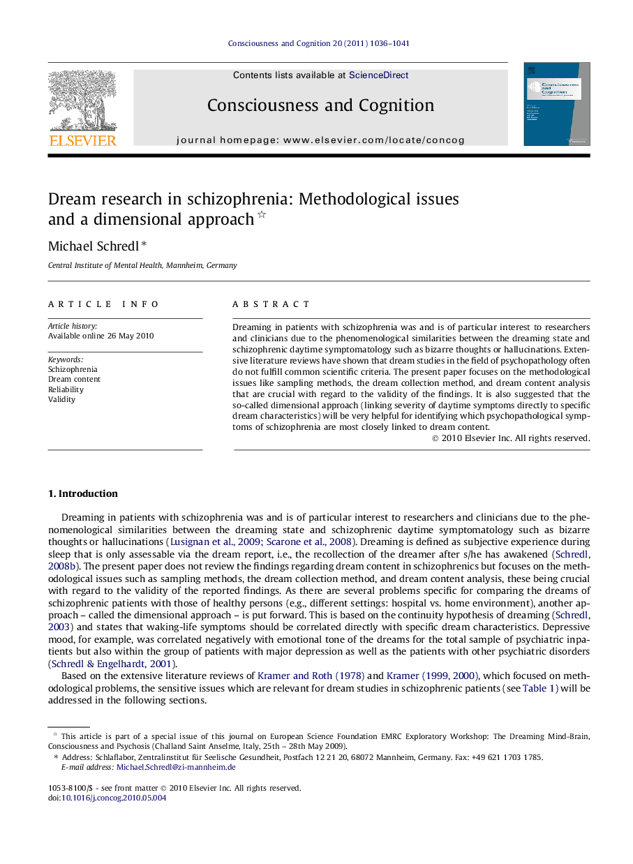 Dream research in schizophrenia: Methodological issues and a dimensional approach