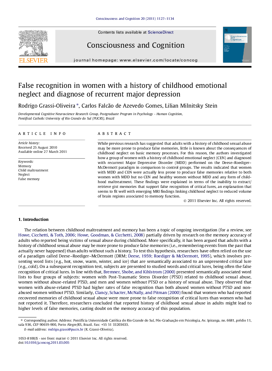 False recognition in women with a history of childhood emotional neglect and diagnose of recurrent major depression