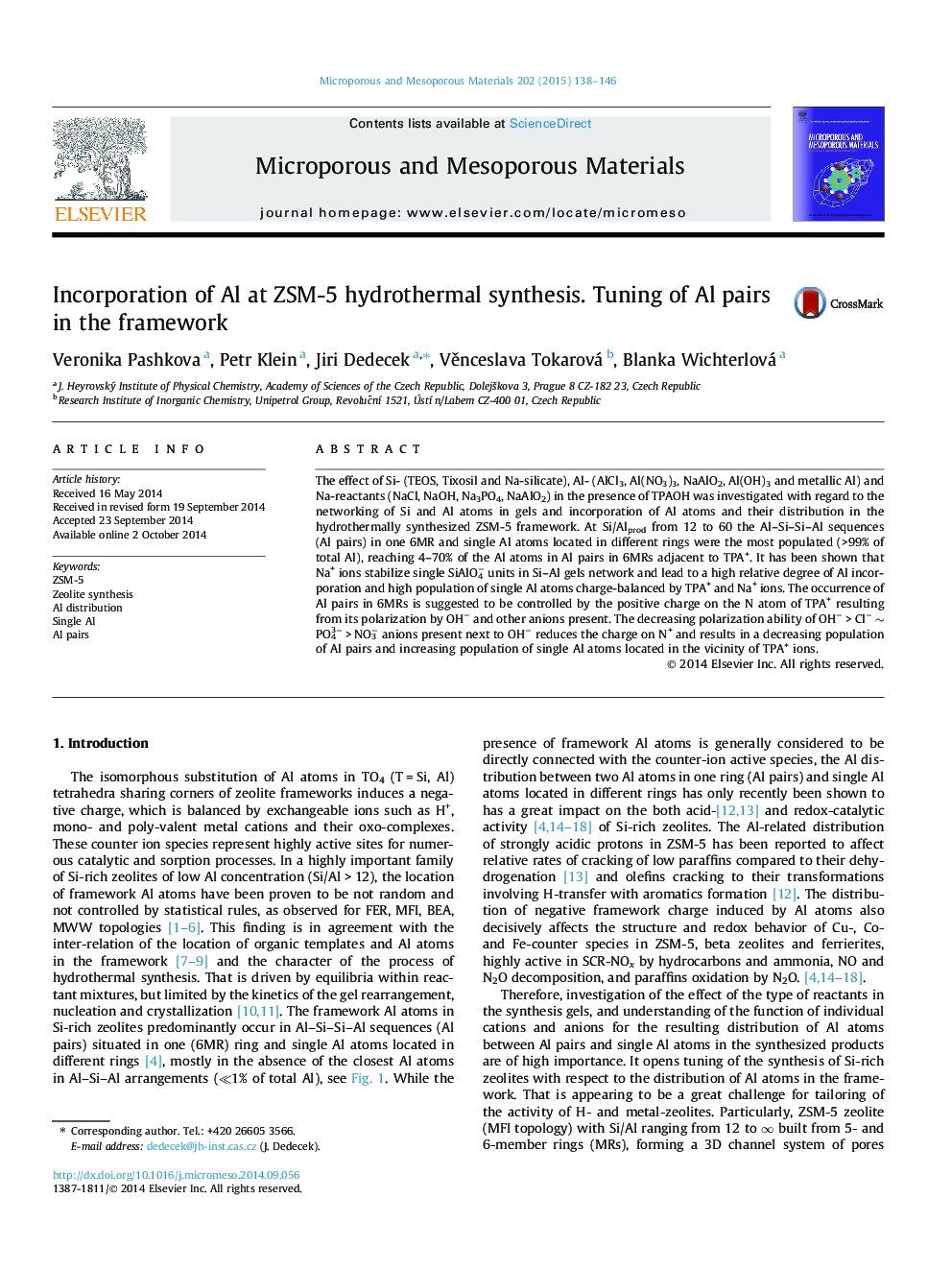 Incorporation of Al at ZSM-5 hydrothermal synthesis. Tuning of Al pairs in the framework