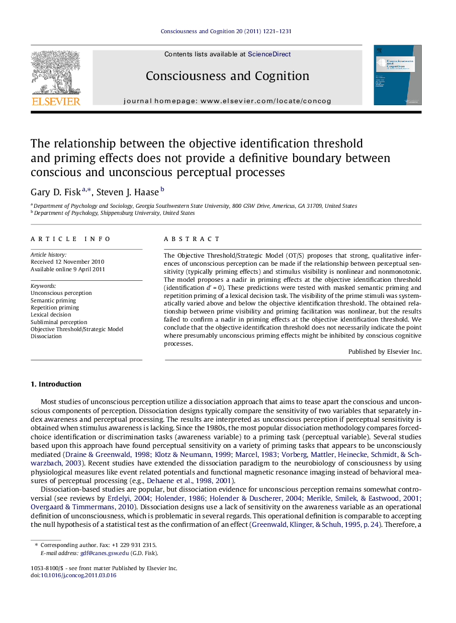 The relationship between the objective identification threshold and priming effects does not provide a definitive boundary between conscious and unconscious perceptual processes