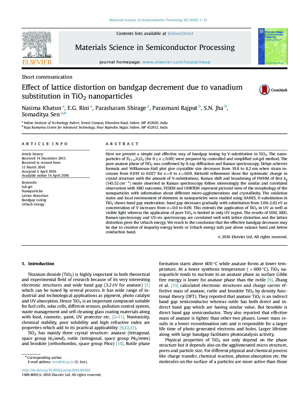 Effect of lattice distortion on bandgap decrement due to vanadium substitution in TiO2 nanoparticles