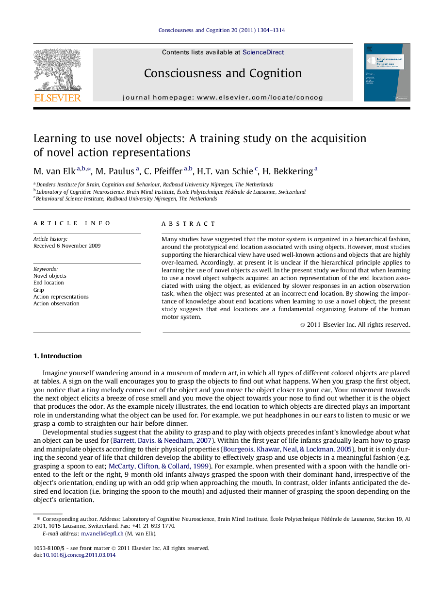 Learning to use novel objects: A training study on the acquisition of novel action representations