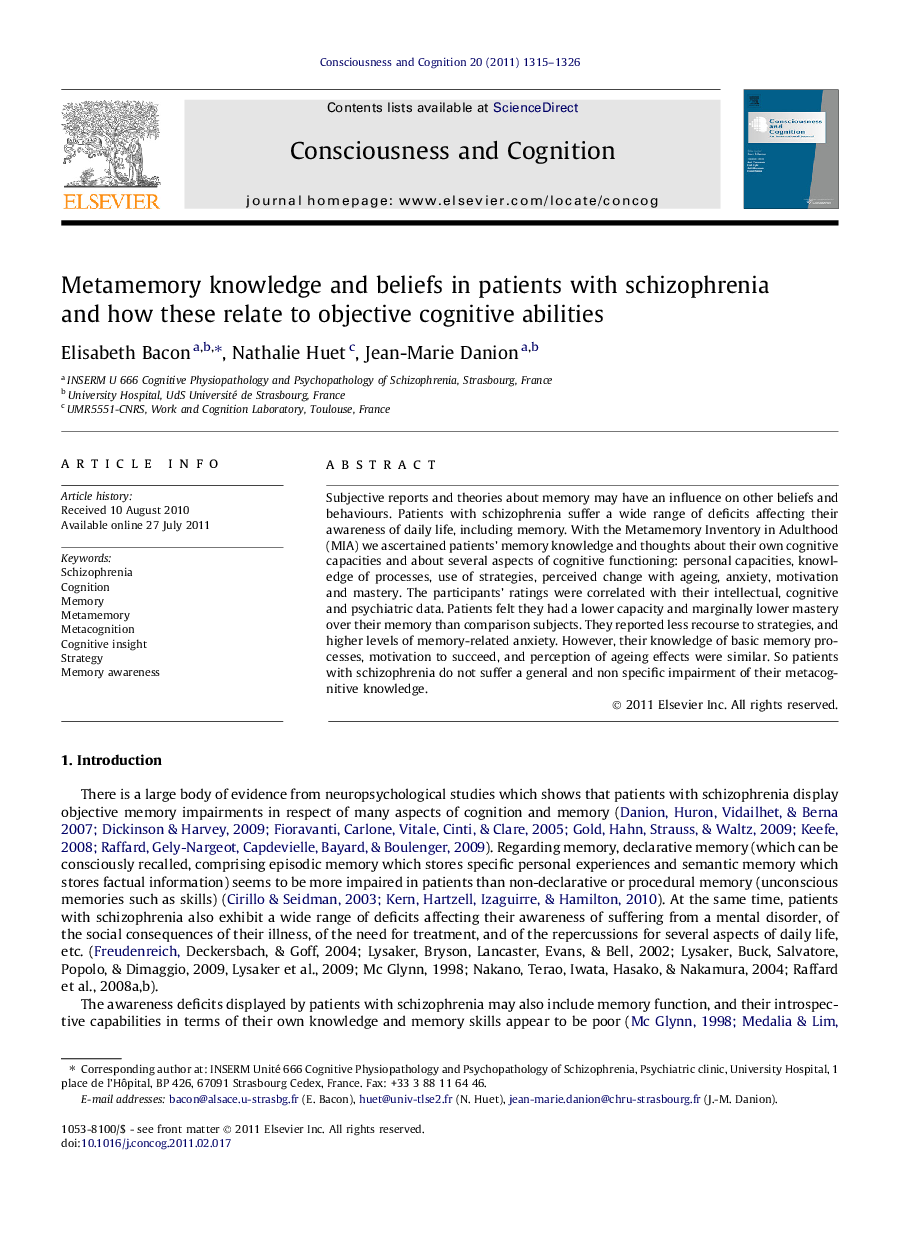 Metamemory knowledge and beliefs in patients with schizophrenia and how these relate to objective cognitive abilities