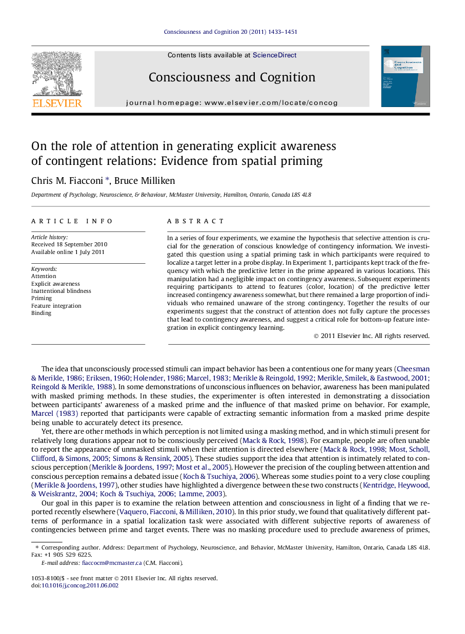 On the role of attention in generating explicit awareness of contingent relations: Evidence from spatial priming