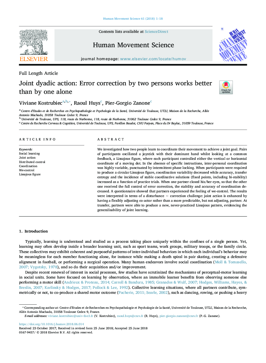 Joint dyadic action: Error correction by two persons works better than by one alone