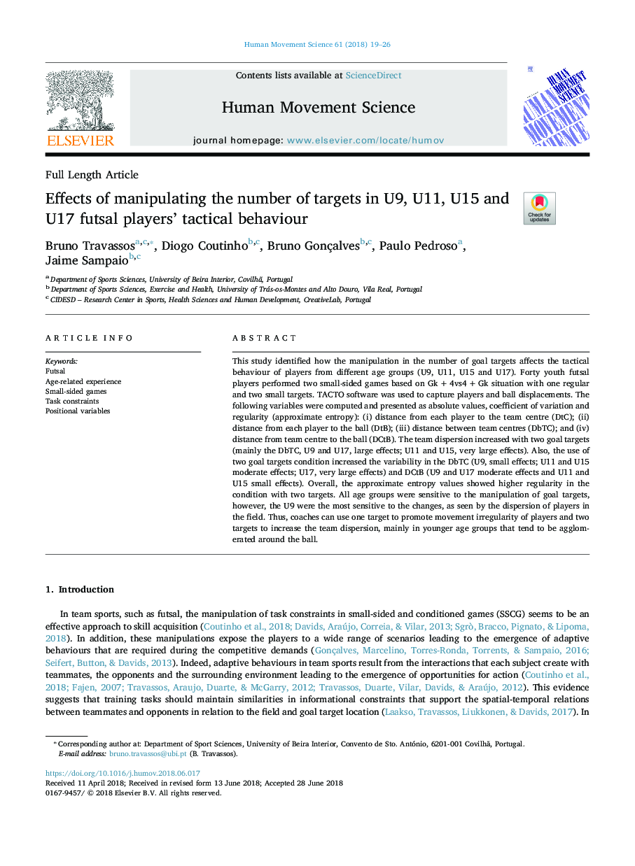 Effects of manipulating the number of targets in U9, U11, U15 and U17 futsal players' tactical behaviour