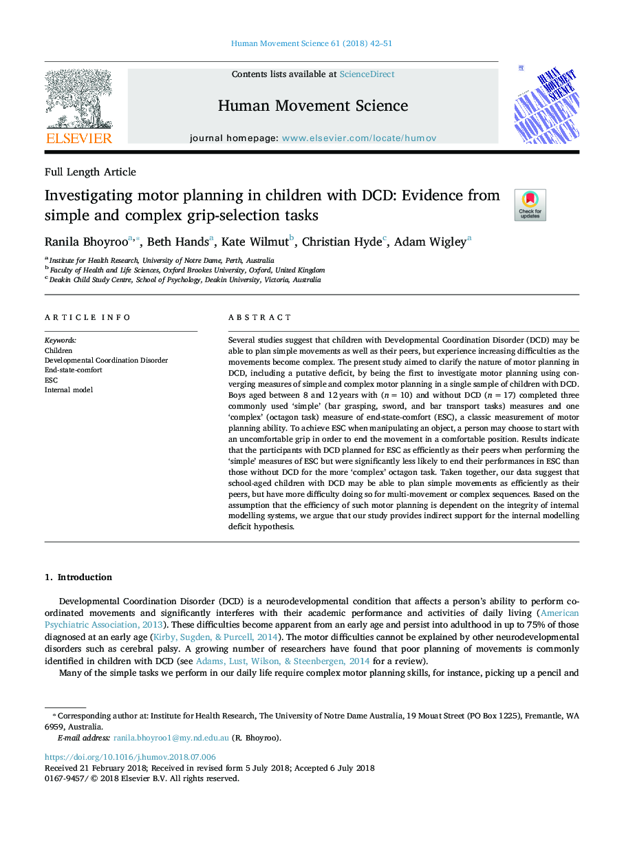 Investigating motor planning in children with DCD: Evidence from simple and complex grip-selection tasks