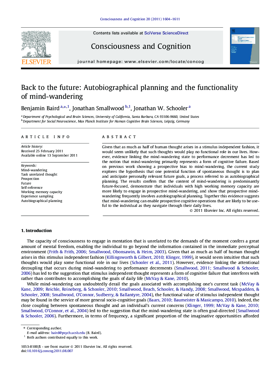 Back to the future: Autobiographical planning and the functionality of mind-wandering