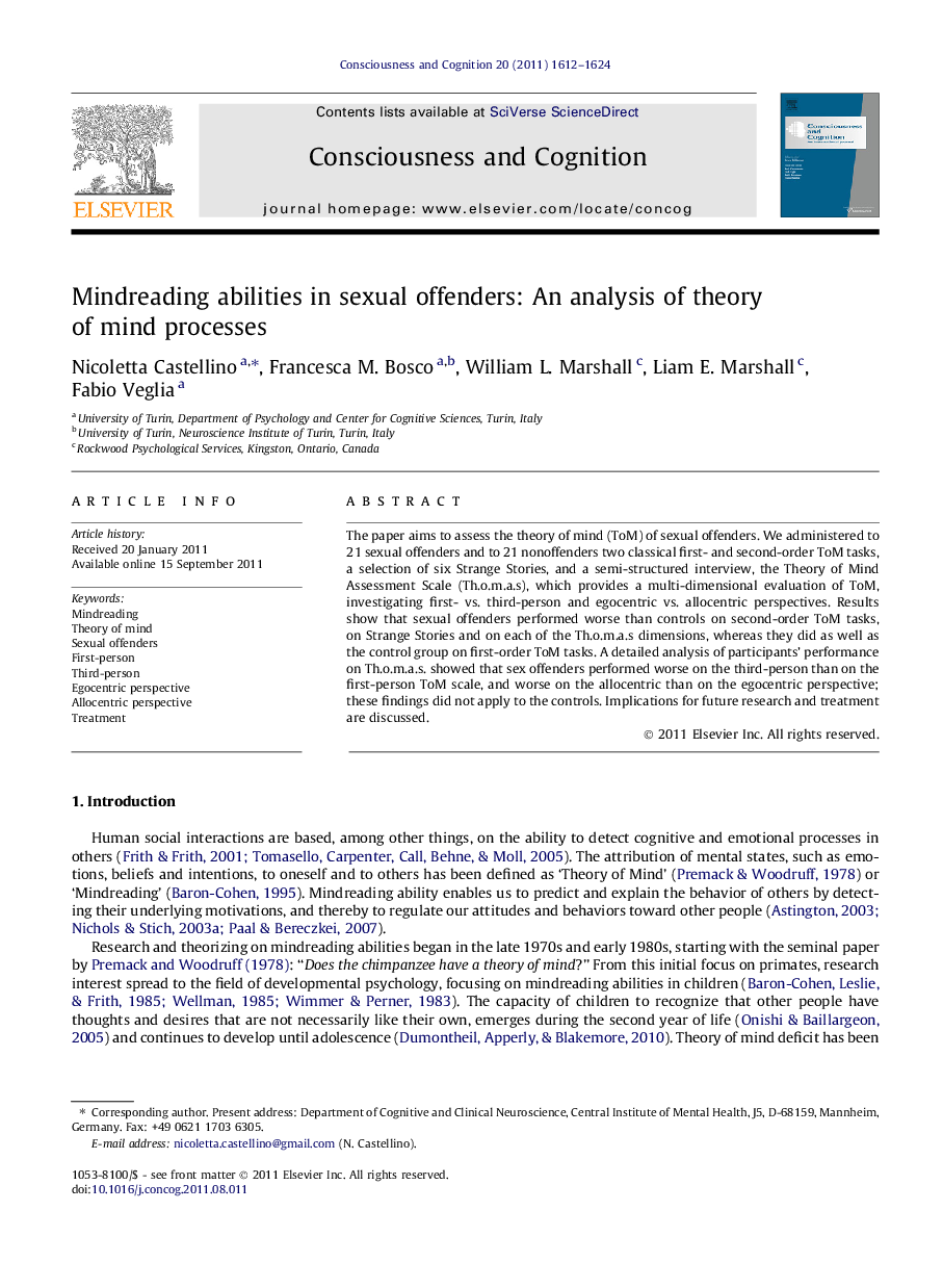 Mindreading abilities in sexual offenders: An analysis of theory of mind processes