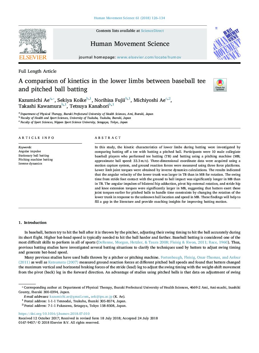 A comparison of kinetics in the lower limbs between baseball tee and pitched ball batting