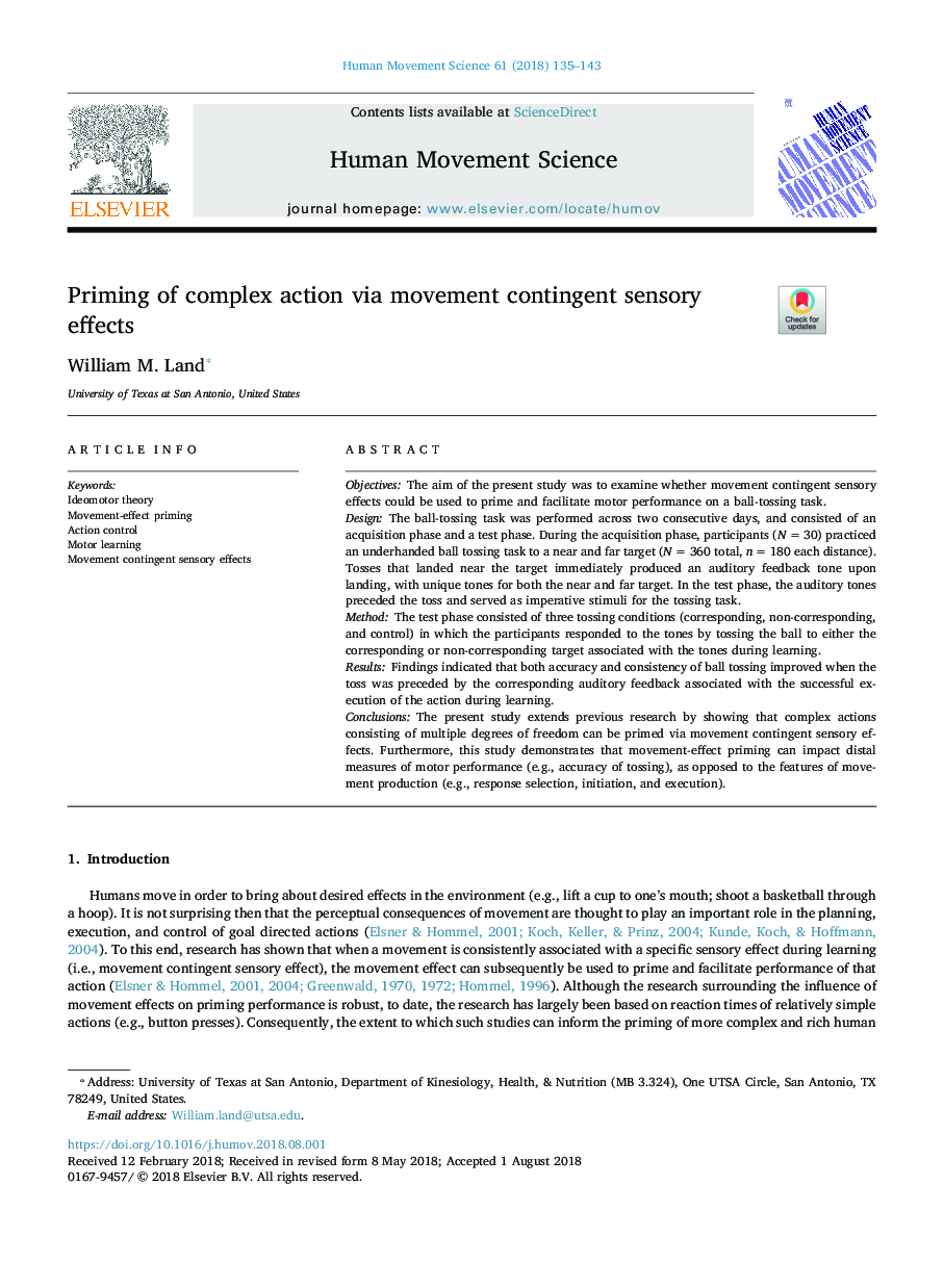 Priming of complex action via movement contingent sensory effects